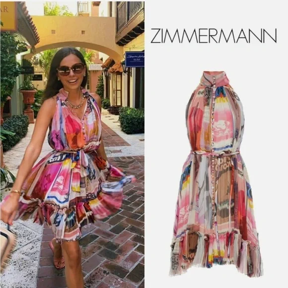 ZIMMERMANN Halterneck Ruffled Tiered Mini Dress - Picture 1 of 7